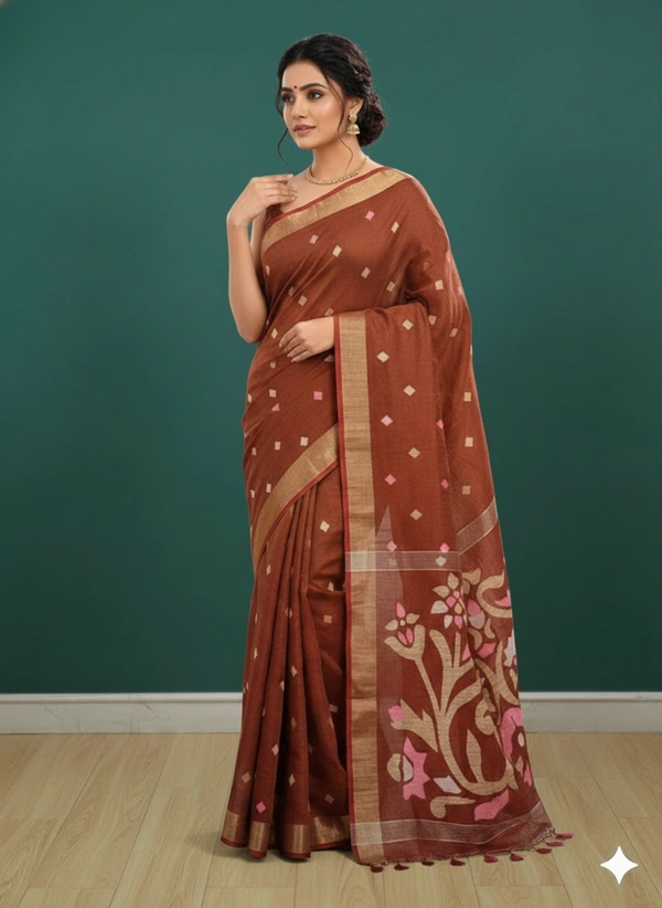SKU0228 : Pure Ghicha Silk Saree – Handwoven Elegance from Bengal - Buti / Booti, Dry Clean Only, Yes
