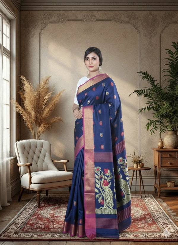 SKU0418 : Elegant Poly Cotton Saree – Lightweight & Comfortable Daily Wear - Normal Length 6.3 mtr Plus, Buti / Booti, Dry Clean Only, Yes