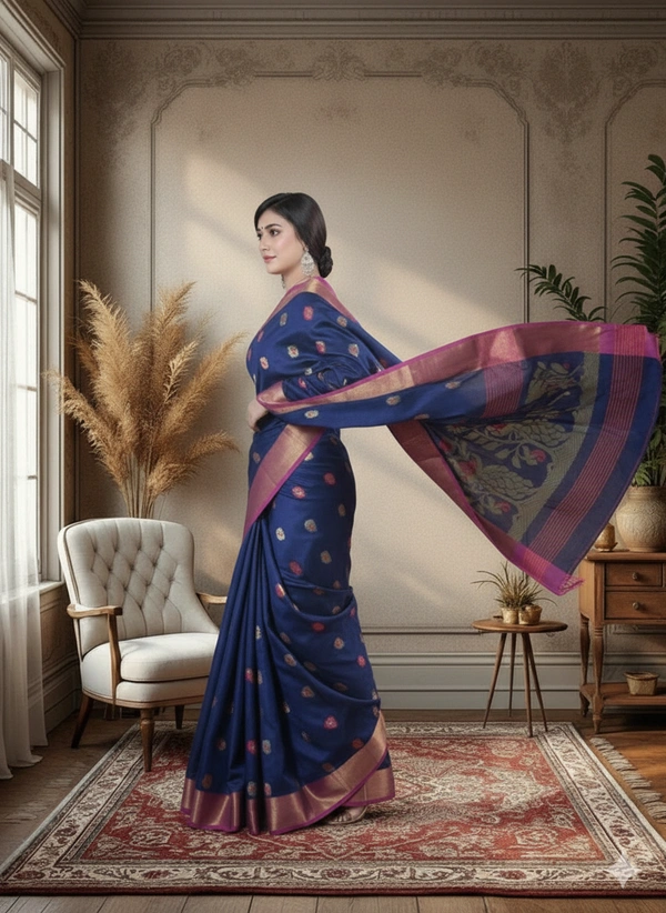 SKU0418 : Elegant Poly Cotton Saree – Lightweight & Comfortable Daily Wear - Normal Length 6.3 mtr Plus, Buti / Booti, Dry Clean Only, Yes