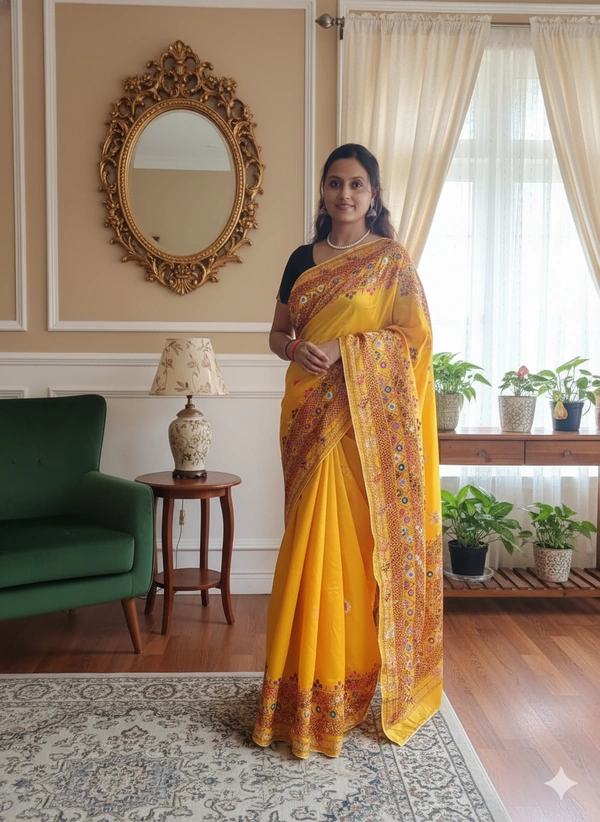 SKU1111 : Elegant Handwoven Bangalore Silk Saree – Gujrati Lambani Work - Dry Wash, Yes