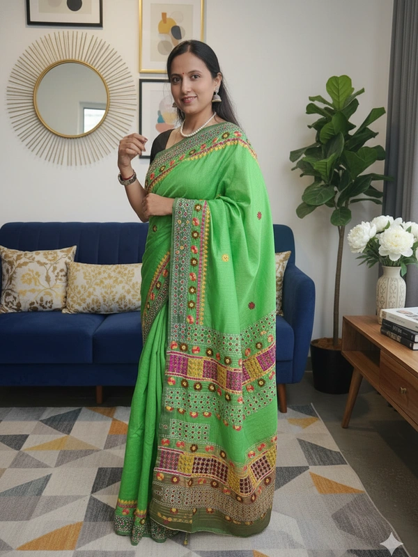 SKU1113 : Elegant Handwoven Tussar Bapta Saree – Gujrati Lambani Work - Dry Wash, Yes