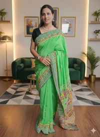 SKU1113 : Elegant Handwoven Tussar Bapta Saree – Gujrati Lambani Work - Dry Wash, Yes
