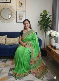 SKU1113 : Elegant Handwoven Tussar Bapta Saree – Gujrati Lambani Work - Dry Wash, Yes