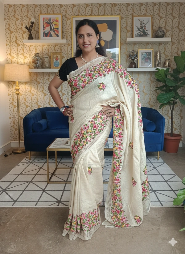 SKU1114 : Elegant Pure Tussar Silk Saree – Parsi Work - Dry Wash, Yes