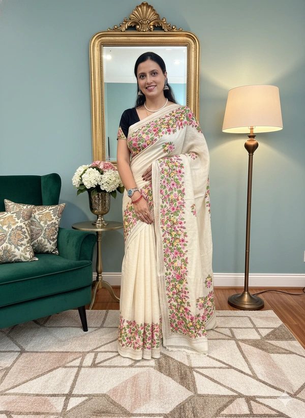 SKU1114 : Elegant Pure Tussar Silk Saree – Parsi Work - Dry Wash, Yes