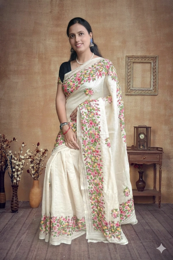 SKU1114 : Elegant Pure Tussar Silk Saree – Parsi Work - Dry Wash, Yes