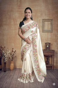 SKU1114 : Elegant Pure Tussar Silk Saree – Parsi Work - Dry Wash, Yes