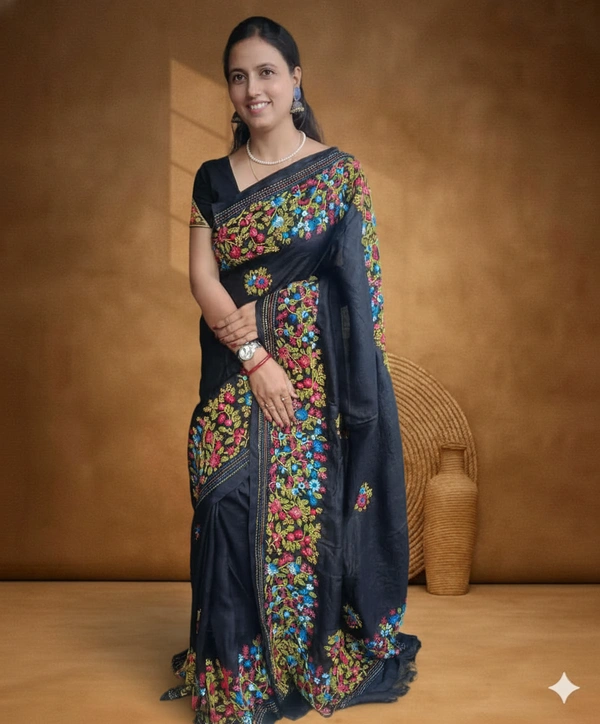 SKU1142 : Elegant Pure Tussar Silk Saree – Parsi Work - Dry Wash, Yes