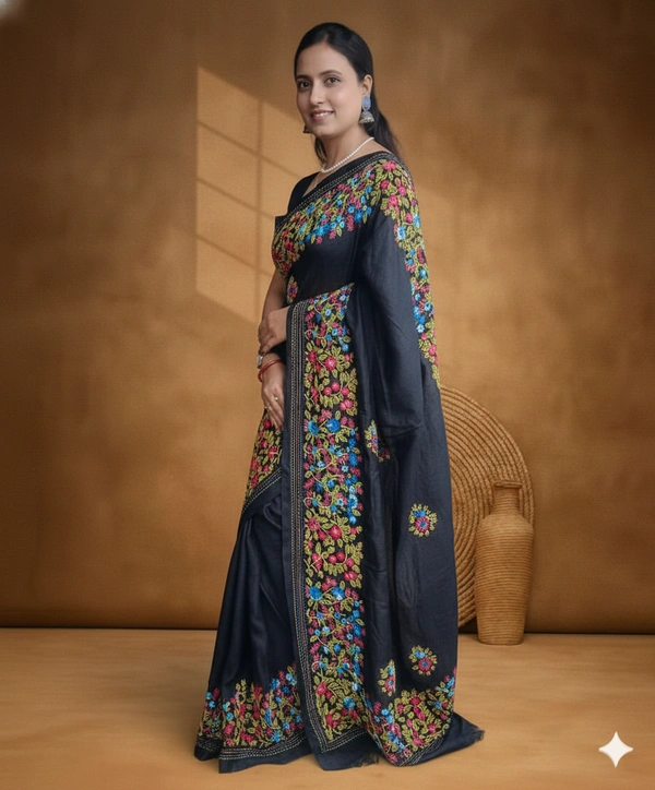 SKU1142 : Elegant Pure Tussar Silk Saree – Parsi Work - Dry Wash, Yes