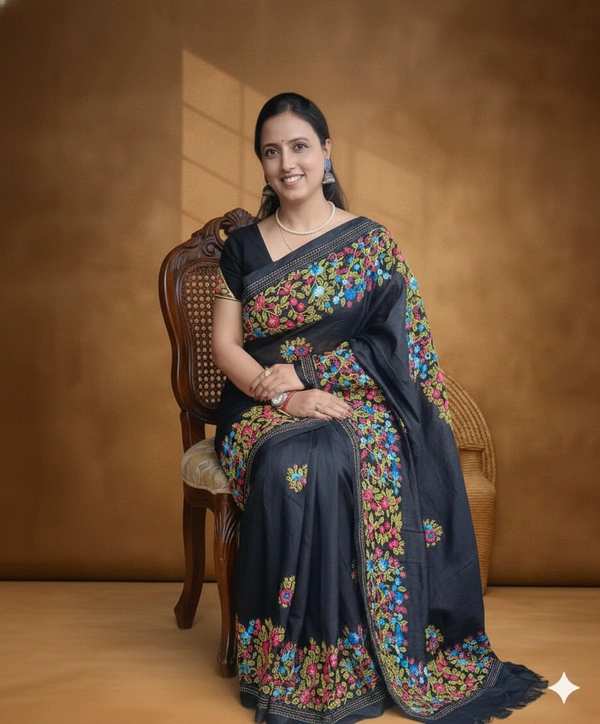 SKU1142 : Elegant Pure Tussar Silk Saree – Parsi Work - Dry Wash, Yes