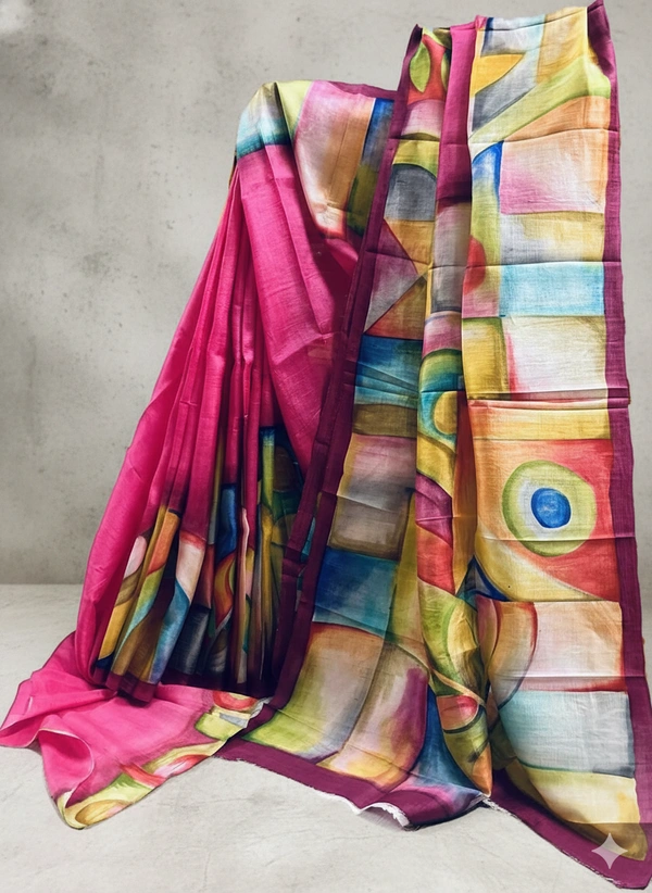 SKU1144 : Pure Silk Handcrafted Acid-Painted Saree – Elegant Artistic Drape - Dry Clean Only, Yes