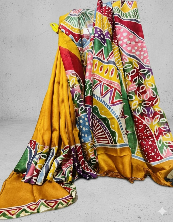 SKU1147 : Pure Silk Handcrafted Acid-Painted Saree – Elegant Artistic Drape - Dry Clean Only, Yes