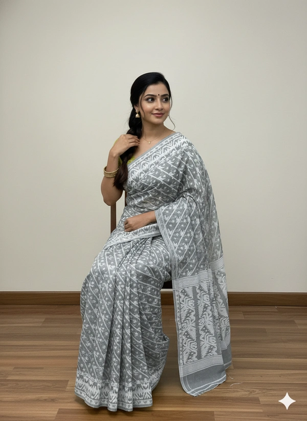SKU1264 : Elegant Cotton Blend Jamdani Saree | Dhakai Jamdani - Hand Wash, Yes