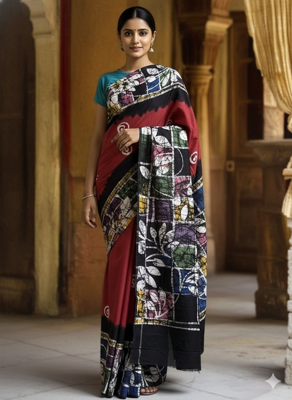 SKU0147 : Pure Cotton – Premium Wax Batik Fabric – Handcrafted, Soft & Breathable  - Normal Length 6.3 mtr Plus, Reddish meroon, Hand Print, Hand Wash, Yes