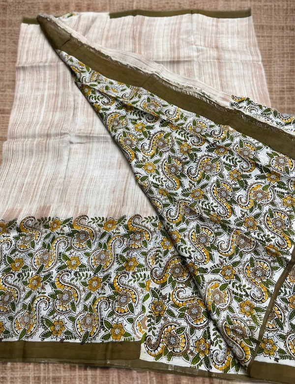 SKU0312 : Pure  Silk Saree | Kalamkari - Normal Length 6.3 mtr Plus, Offwhite, Block Print, Dry Clean Only, Yes