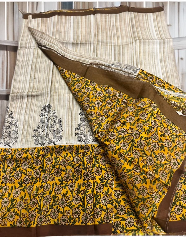 SKU0313 : Pure  Silk Saree | Kalamkari - Normal Length 6.3 mtr Plus, Offwhite, Block Print, Dry Clean Only, Yes