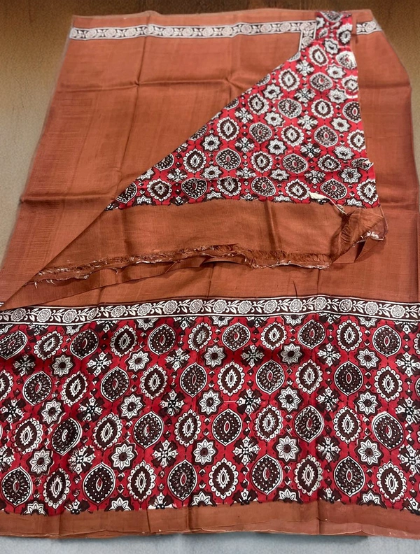 SKU0314 : Pure  Silk Saree with Ajrakh Print - Normal Length 6.3 mtr Plus, Rust, Ajrakh, Block Print, Dry Clean Only, Yes