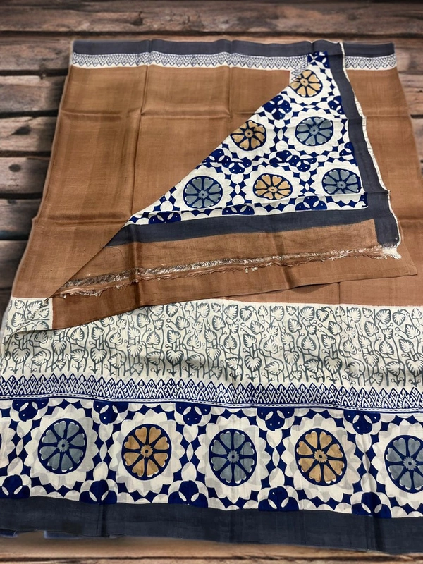 SKU0317 : Pure  Silk Saree  | Table dye | Ajrakh Print - Normal Length 6.3 mtr Plus, Brown, Block Print, Dry Clean Only, Yes