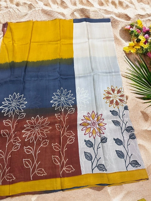 SKU0319 : Pure Silk Saree With Block Printing  - Normal Length 6.3 mtr Plus, Offwhite, Block Print, Dry Clean Only, Yes