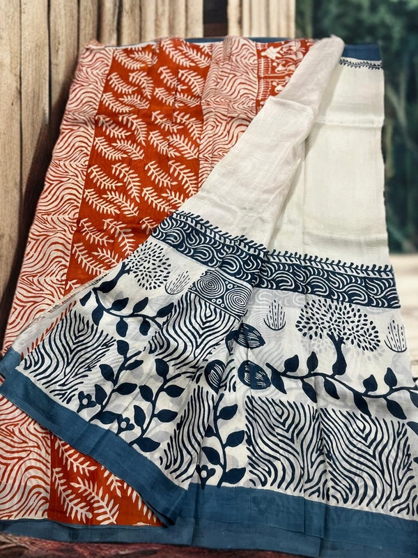 SKU0320 : Pure Silk  Saree – Handwoven Bengal Traditional - Normal Length 6.3 mtr Plus, Offwhite, Block Print, Dry Clean Only, Yes