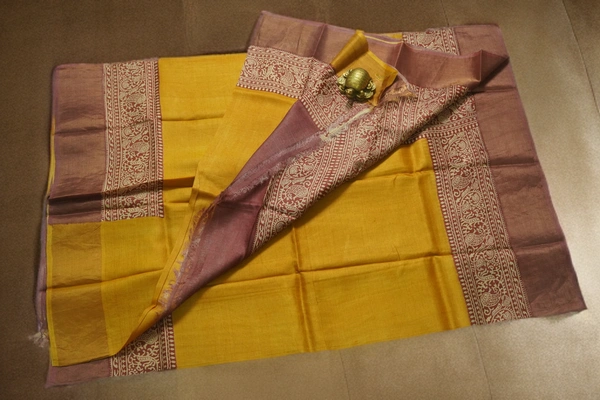 SKU0322 : Pure Silk Saree – Handwoven Bengal Traditional | Table dye | Block printing - Normal Length 6.3 mtr Plus, Yellow, Block Print, Dry Clean Only, Yes