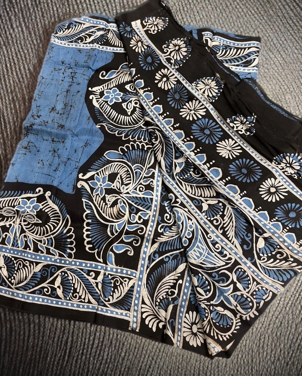 SKU0327 : Pure Silk Saree – Handwoven Bengal Traditional | Wax Batik - Normal Length 6.3 mtr Plus, Blue, Batik Print, Dry Clean Only, Yes