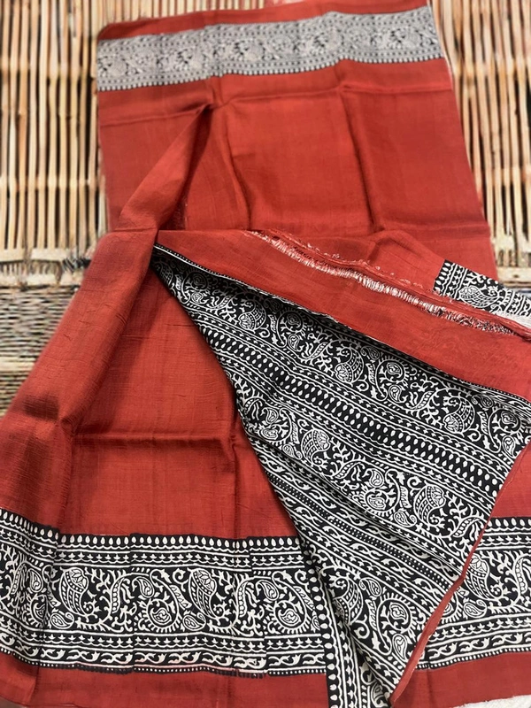 SKU0328 : Pure Silk Saree – Handwoven Bengal Traditional | Hand Block - Normal Length 6.3 mtr Plus, Rust, Hand Print, Dry Clean Only, Yes