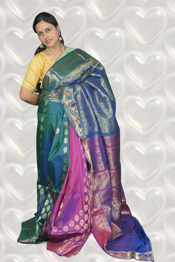 SKU0456 : Pure Swarnachari Mulberry Silk Saree – All Over Designed | Handwoven Elegance  - Peacock Green, Swarnachari, Dry Clean Only, Yes