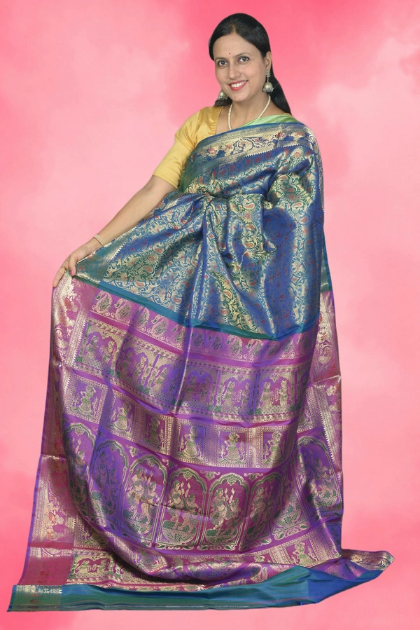SKU0456 : Pure Swarnachari Mulberry Silk Saree – All Over Designed | Handwoven Elegance  - Peacock Green, Swarnachari, Dry Clean Only, Yes