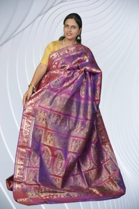 SKU0457 : Pure Swarnachari Mulberry Silk Saree – Elephant and British Motif Motif | Handwoven Elegance  - Mayur Kanthi, Swarnachari, Dry Clean Only, Yes