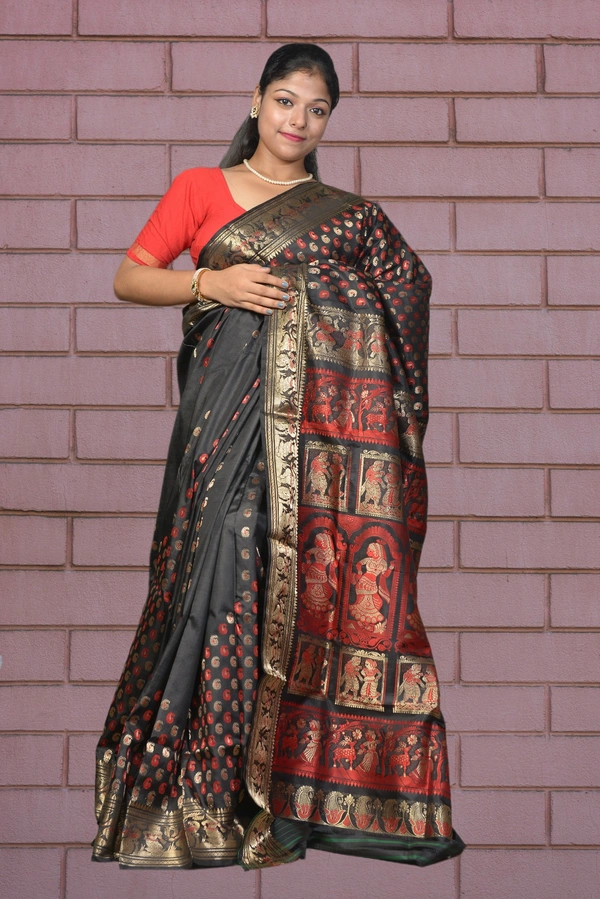 SKU0459 : Pure Swarnachari Mulberry Silk Saree – All Over Designed | Handwoven Elegance  - Black, Swarnachari, Dry Clean Only, Yes