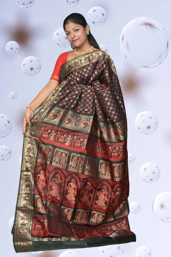 SKU0459 : Pure Swarnachari Mulberry Silk Saree – All Over Designed | Handwoven Elegance  - Black, Swarnachari, Dry Clean Only, Yes