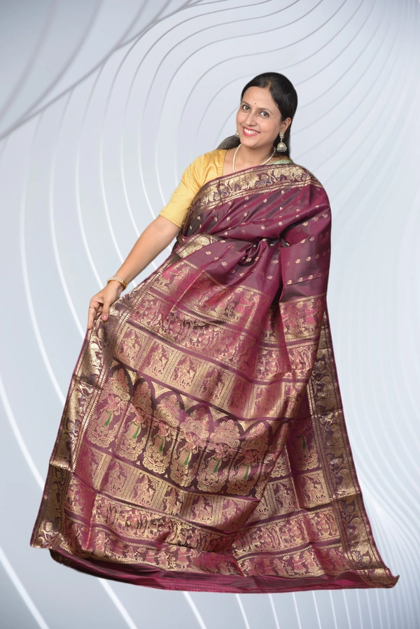 SKU0460 : Pure Swarnachari Mulberry Silk Saree – Krishna Lila Motif | Handwoven Elegance - Dual Tone, Swarnachari, Dry Clean Only, Yes