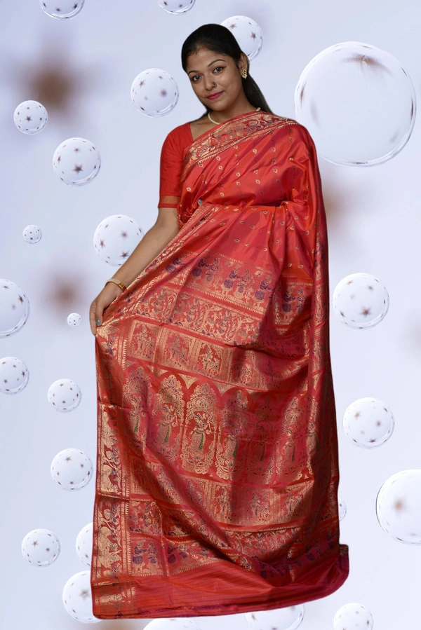 SKU0461 : Pure Swarnachari Mulberry Silk Saree – Krishna Lila Motif | Handwoven Elegance - Orange, Swarnachari, Dry Clean Only, Yes