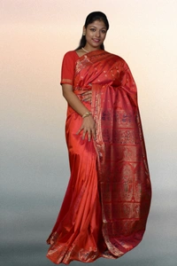 SKU0461 : Pure Swarnachari Mulberry Silk Saree – Krishna Lila Motif | Handwoven Elegance - Orange, Swarnachari, Dry Clean Only, Yes