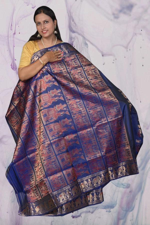 SKU0463 : Pure Swarnachari Mulberry Silk Saree – All Over Designed | Handwoven Elegance  - Navi Blue, Swarnachari, Dry Clean Only, Yes