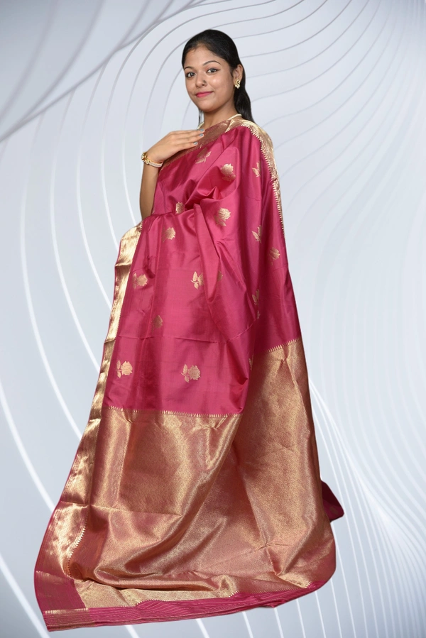 SKU0464 : Pure Swarnachari Mulberry Silk Saree – Chatai Pallu  | Handwoven Elegance  - Rani Colour, Swarnachari, Dry Clean Only, Yes