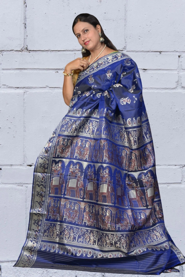 SKU0465 : "A Tale of Nabab" - Pure Silk Baluchari Saree in Mulberry Silk with Meenakari Weave - Blue, Baluchari, Dry Clean Only, Yes
