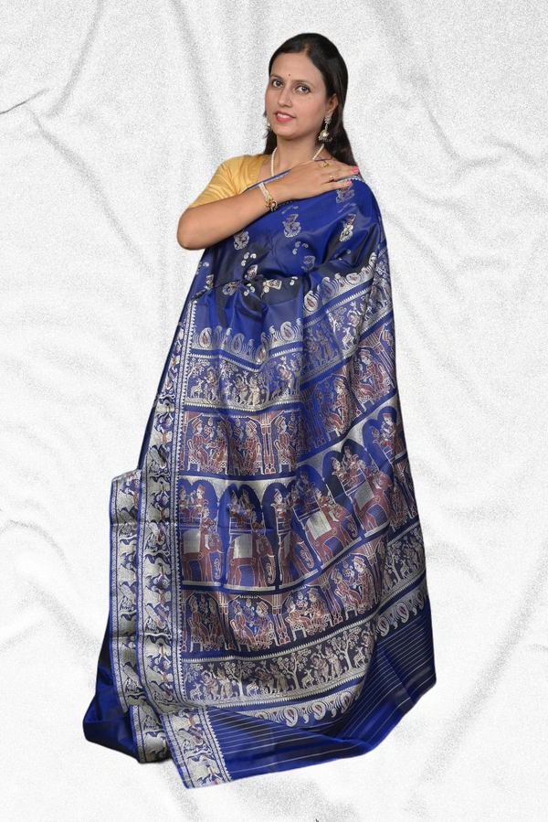 SKU0465 : "A Tale of Nabab" - Pure Silk Baluchari Saree in Mulberry Silk with Meenakari Weave - Blue, Baluchari, Dry Clean Only, Yes