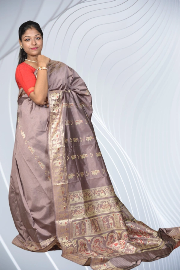 SKU0466 :  Pure Baluchari Silk Saree – Meenakari Weave in Mulberry Silk | Shakuntala Motif - Baluchari, Dry Clean Only, Yes