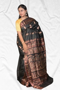 SKU0467 : Pure Swarnachari Mulberry Silk Saree – Screens From Mahabharat Motif | Handwoven Elegance  - Black, Swarnachari, Dry Clean Only, Yes