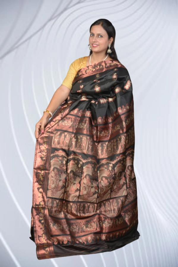 SKU0467 : Pure Swarnachari Mulberry Silk Saree – Screens From Mahabharat Motif | Handwoven Elegance  - Black, Swarnachari, Dry Clean Only, Yes