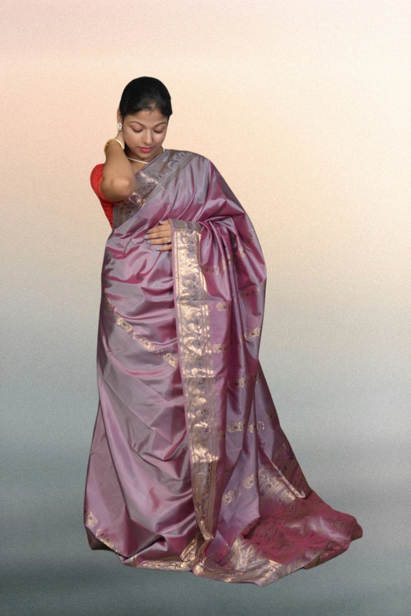 SKU0468 : Pure Swarnachari Mulberry Silk Saree – Screens from Krishna Leela Motif | Handwoven Elegance  - Rani Colour, Swarnachari, Dry Clean Only, Yes