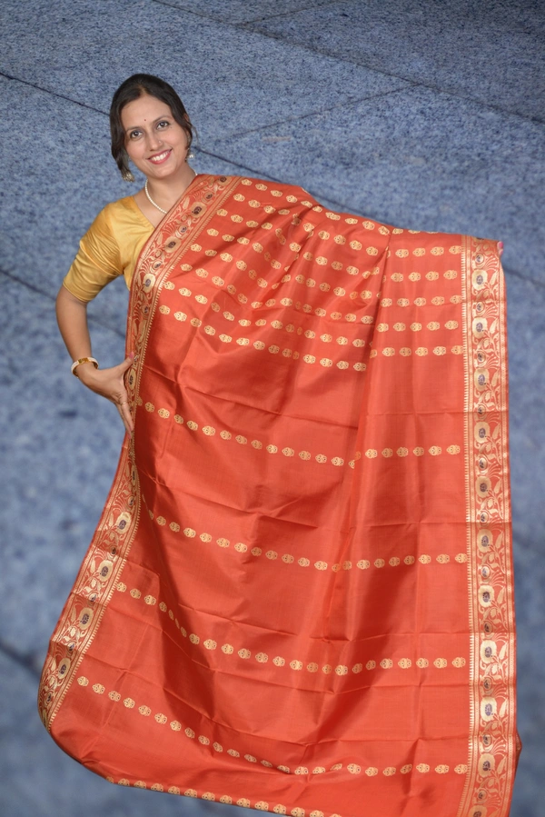 SKU0469 : "Without Figure" - Pure Silk Baluchari Saree in Mulberry Silk with Meenakari Weave - Rust, Baluchari, Dry Clean Only, Yes