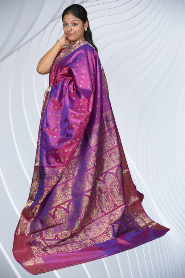 SKU0470 : Pure Swarnachari Mulberry Silk Saree – Krishna Lila Motif | Handwoven Elegance - Dual Tone, Swarnachari, Dry Clean Only, Yes