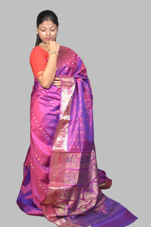 SKU0470 : Pure Swarnachari Mulberry Silk Saree – Krishna Lila Motif | Handwoven Elegance - Dual Tone, Swarnachari, Dry Clean Only, Yes