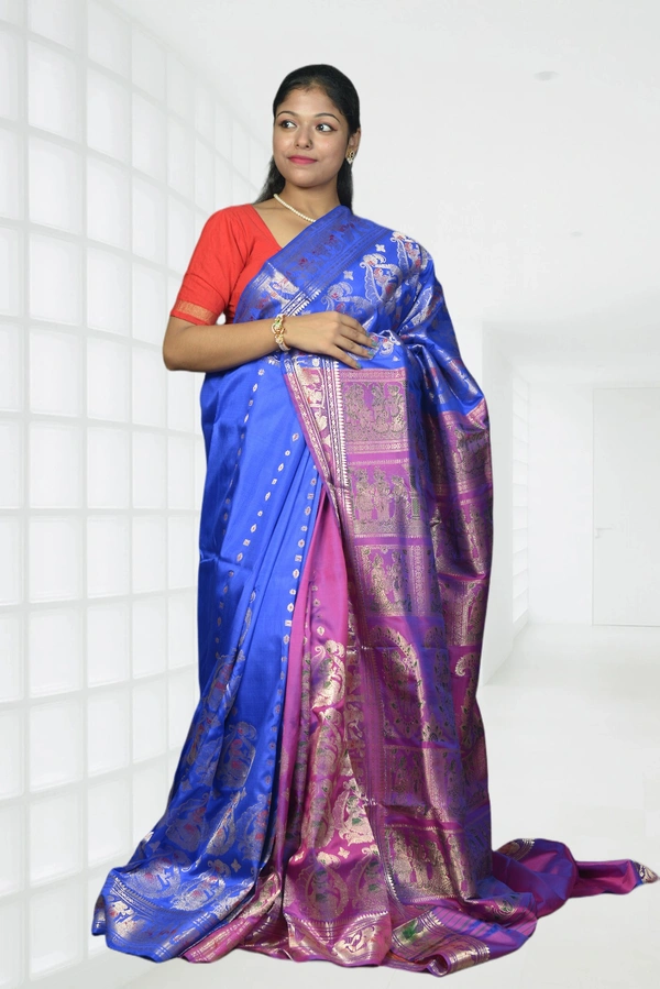 SKU0458 : "A Tale of Nabab" - Pure Silk Baluchari Saree in Mulberry Silk with Meenakari Weave - Dual Tone, Swarnachari, Dry Clean Only, Yes