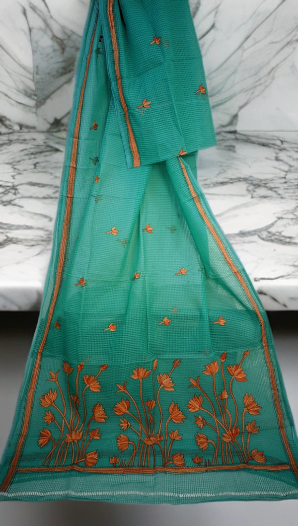 SKU0226  : Elegant Resham Kota Kantha Stitch Saree – Handcrafted Bengal Heritage  - Firoza colour, Kantha Stich, Dry Clean Only, No