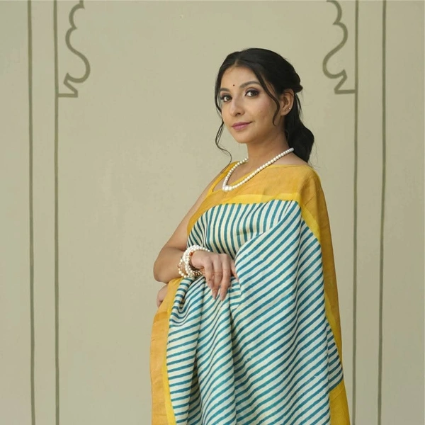 SKU0201 : Pure Tussar Silk Saree with Elegant Zari Border - Stripe, Hand Block Print, Hand Wash, Yes