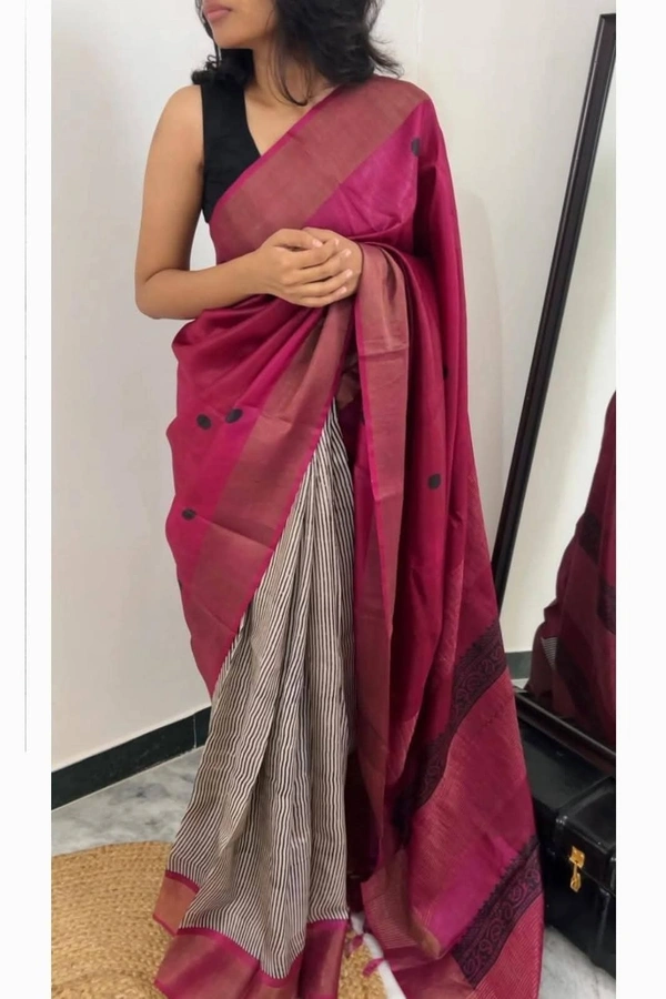 SKU0202 : Pure Tussar Silk Saree with Elegant Zari Border - Violet, Stripe, Hand Block Print, Hand Wash, Yes